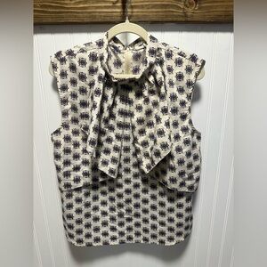 Circus Patterned sleeveless pussybow blouse Top flounce romantic Sz L